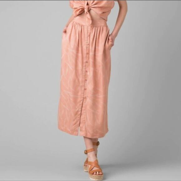 Prana Swift Lake 100% Tencel Lyocell Leaf Print Button Front Midi Skirt - Picture 5 of 5